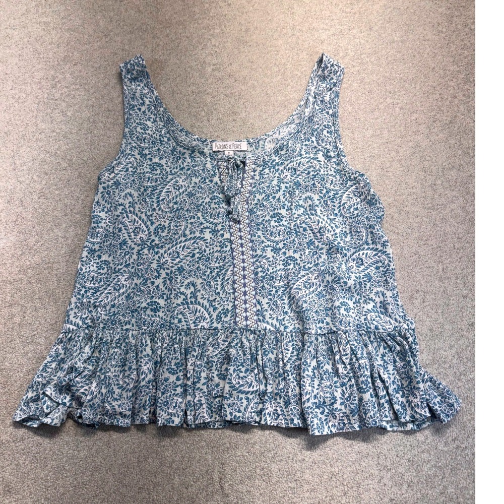 Patrons of Peace Tank Top Small Blue White Paisley Peplum Boho Sleeveless Ruffle